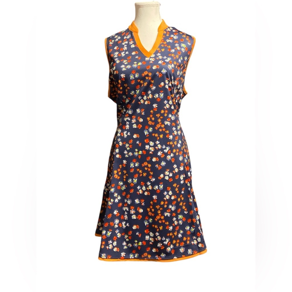 Blue and Orange Midi A-line Dress with Sleeveless V-neck for Casual Wear​